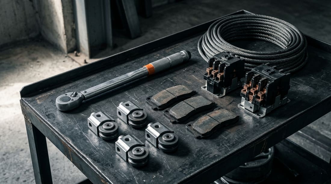 Pièces de rechange d’ascenseur et clé dynamométrique sur un établi d’atelier
