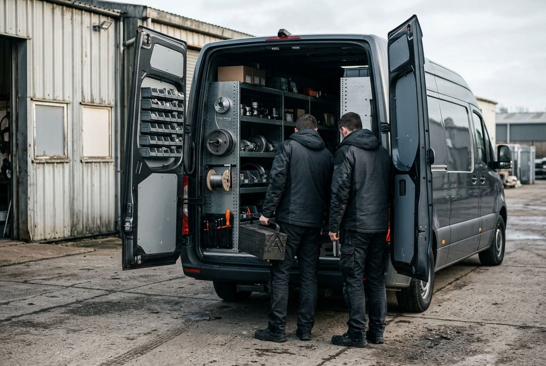 Camionnette d’intervention et techniciens Lift Concept devant l’atelier du Kirchberg