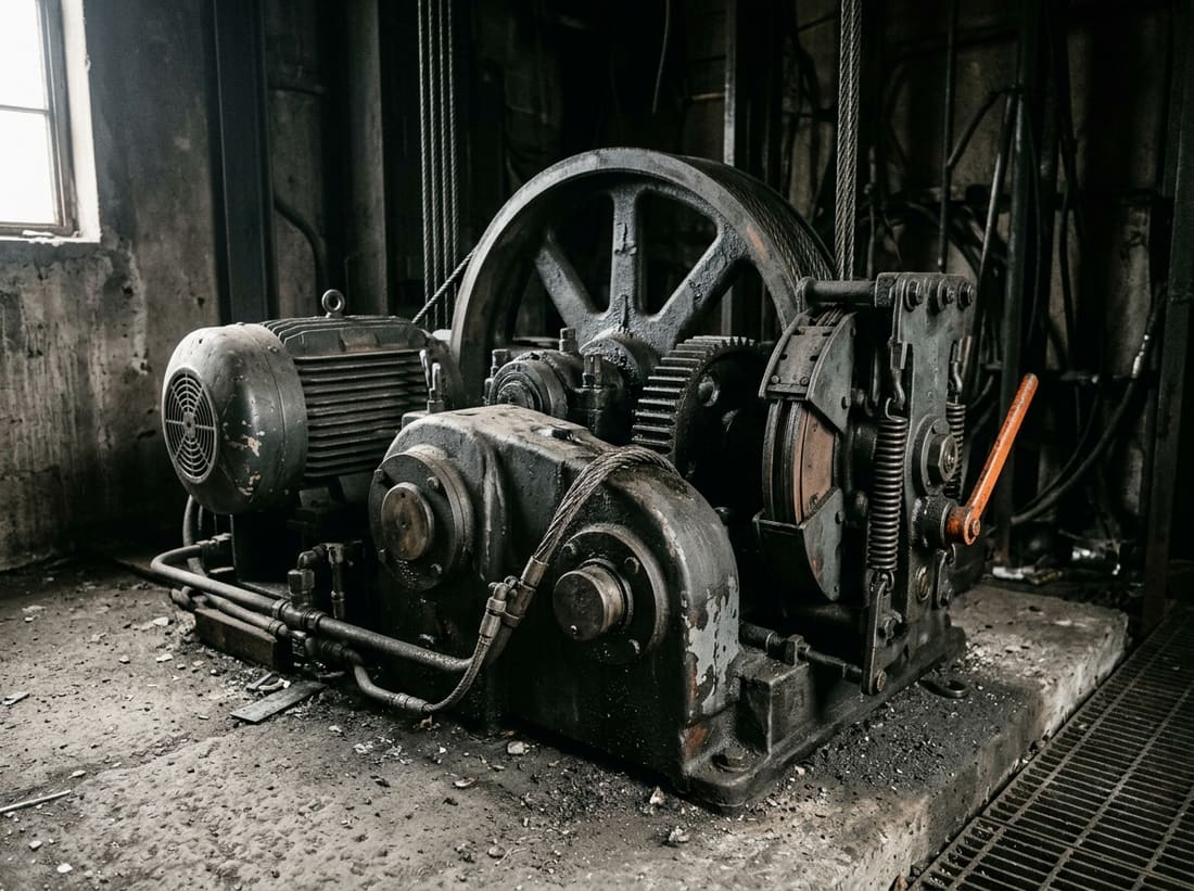 Treuil et poulie de traction d’un ascenseur ancien en salle des machines