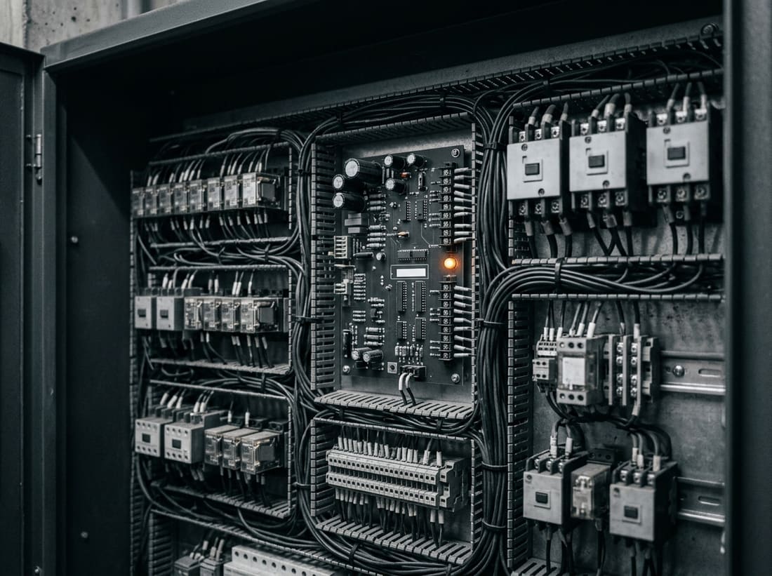 Armoire de manœuvre d’ascenseur avec contacteurs et organes de sécurité