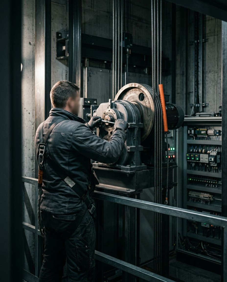 Technicien Lift Concept intervenant sur le treuil et la poulie de traction d’un ascenseur dans une gaine technique