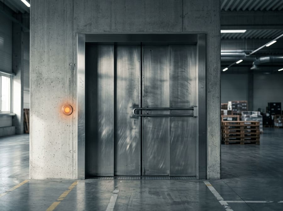 Monte-charges industriel à portes acier dans un hall logistique
