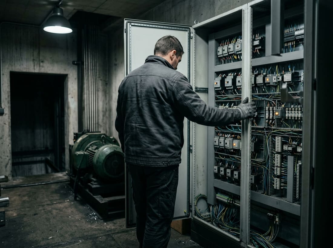 Technicien contrôlant l’armoire de manœuvre d’un ascenseur